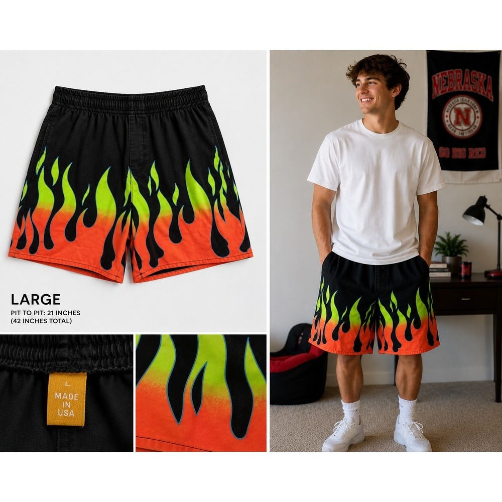 Gallery Dept Flame Print Shorts Mens Large Black Neon Green Orange Made in USA